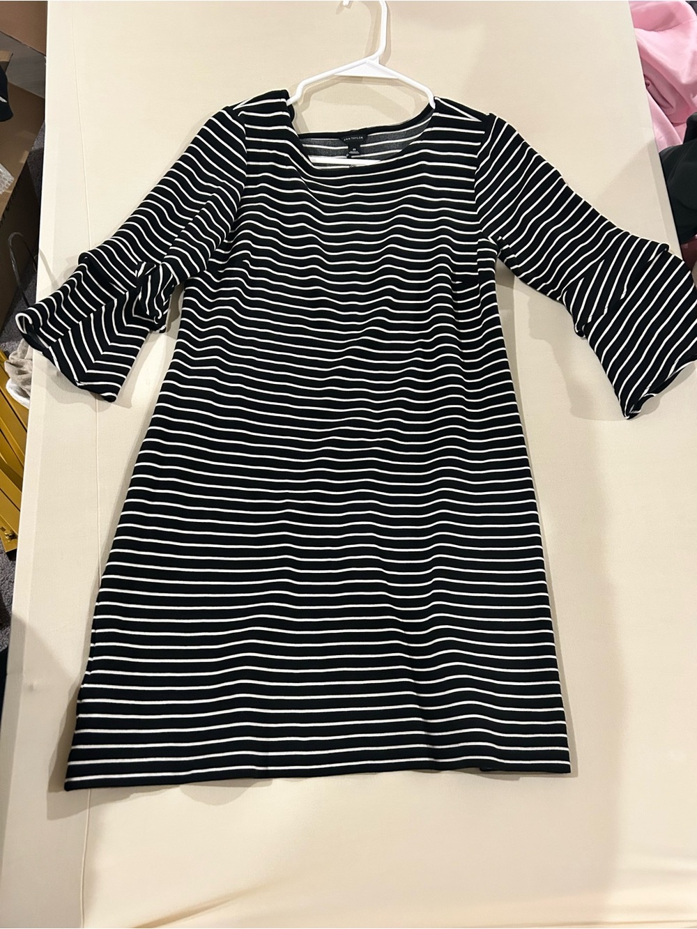 Ann Taylor Black & White Striped Bell Sleeve Mini Dress